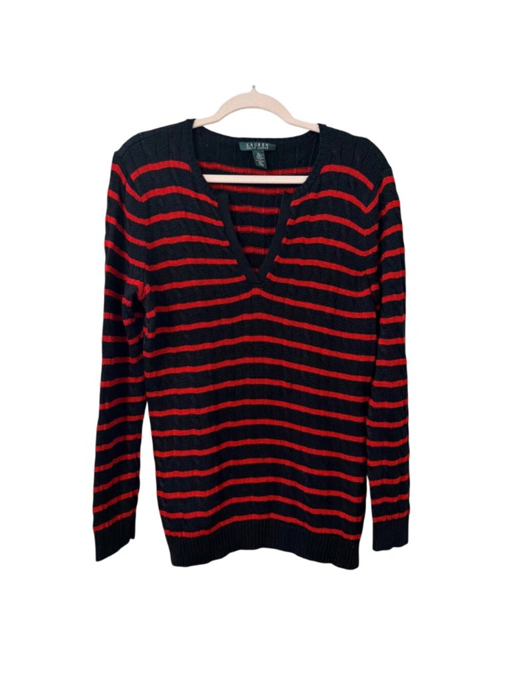 Lauren Ralph Lauren Black & Red Striped V-Neck Sweater XL Cotton Viscose Blend - Picture 5 of 12